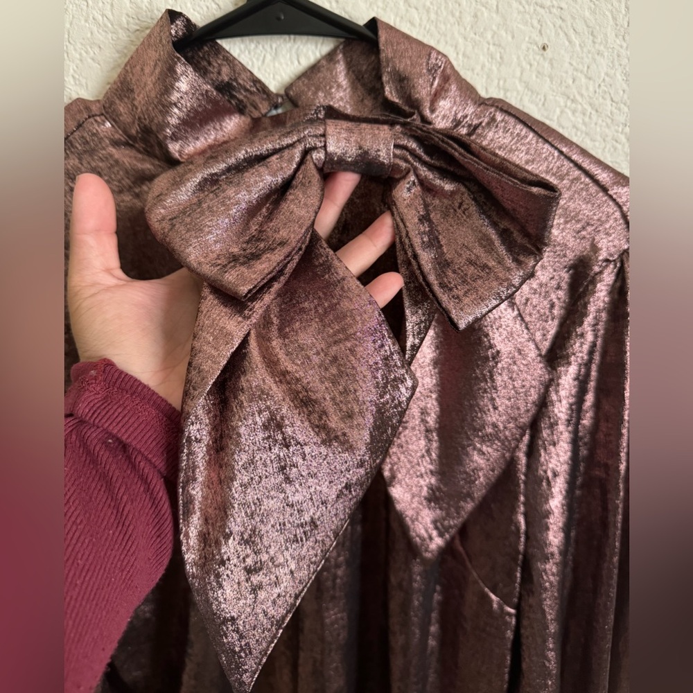 Shiny Metallic Chocolate Brown Rose Gold Longsleeve Top Blouse w/ Bow Accent - Picture 6 of 9